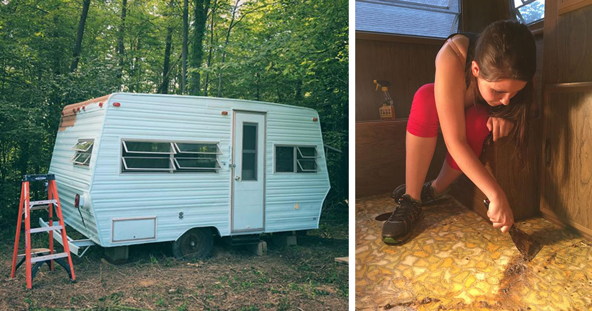 14 Year old girl bought an old caravan from 1974 and turned it single handedly into something amazing