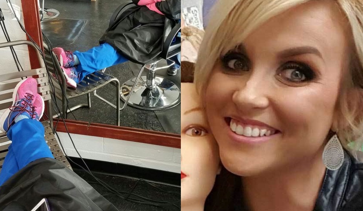 A nurse fell asleep in the barber's chair - so the staff noticed her shoes and secretly took this picture